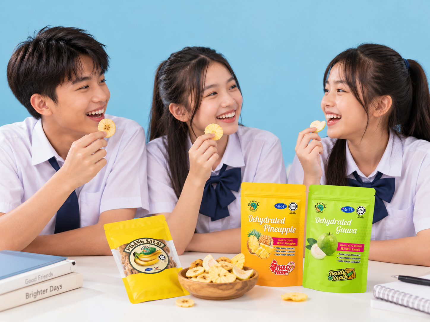 Students enjoying BP Skyfood dehydrated fruit snacks