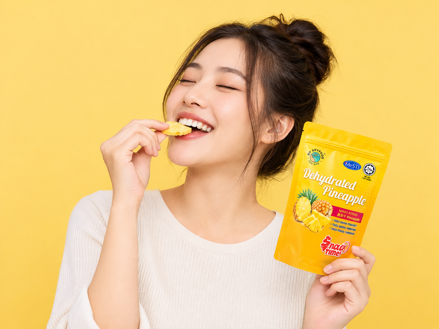 Woman enjoying BP Skyfood Dehydrated Pineapple
