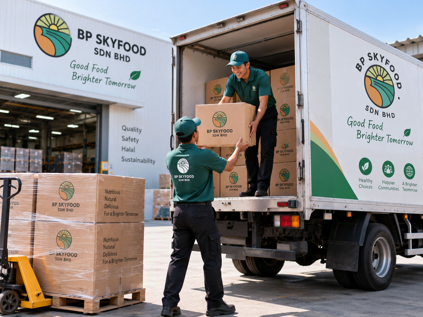 BP Skyfood team loading product cartons for delivery