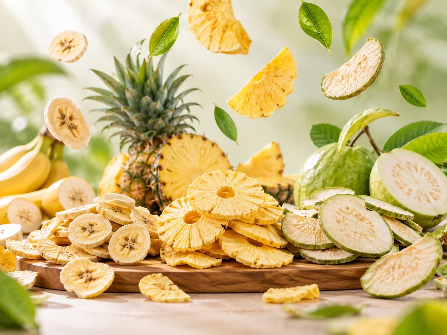Dehydrated banana, pineapple and guava slices with fresh tropical fruit