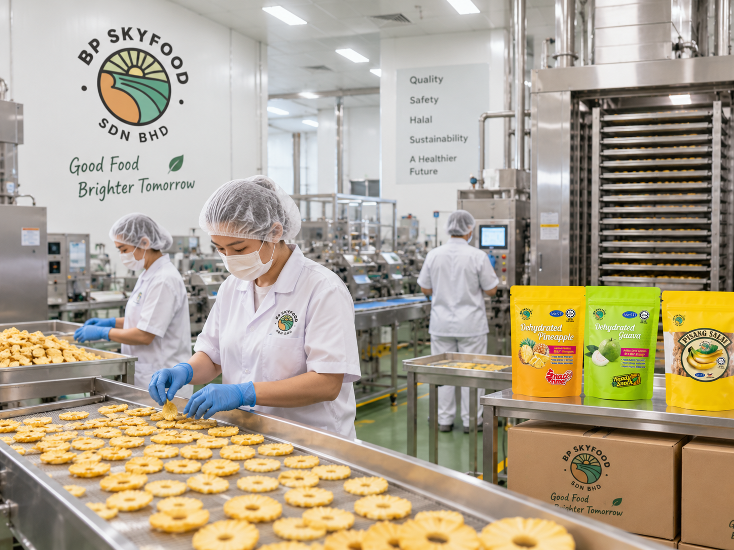 BP Skyfood team preparing dehydrated pineapple at the facility