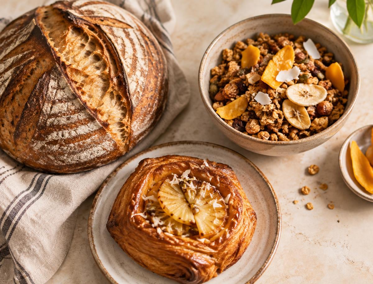 Bread, a pastry and granola served with pieces of dried tropical fruit